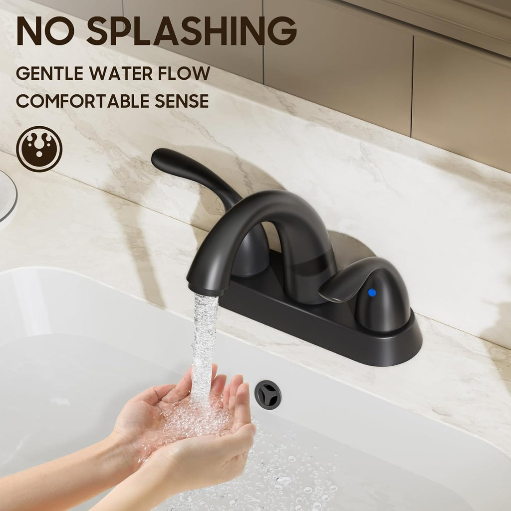 4 Inch 2 or 3 Holes 2 Handles Centerset Matte Black Lead-Free Bathroom Sink Faucet, Bathroom Faucet with Copper Pop up Drain and Water Supply Lines, BF008-5-MB