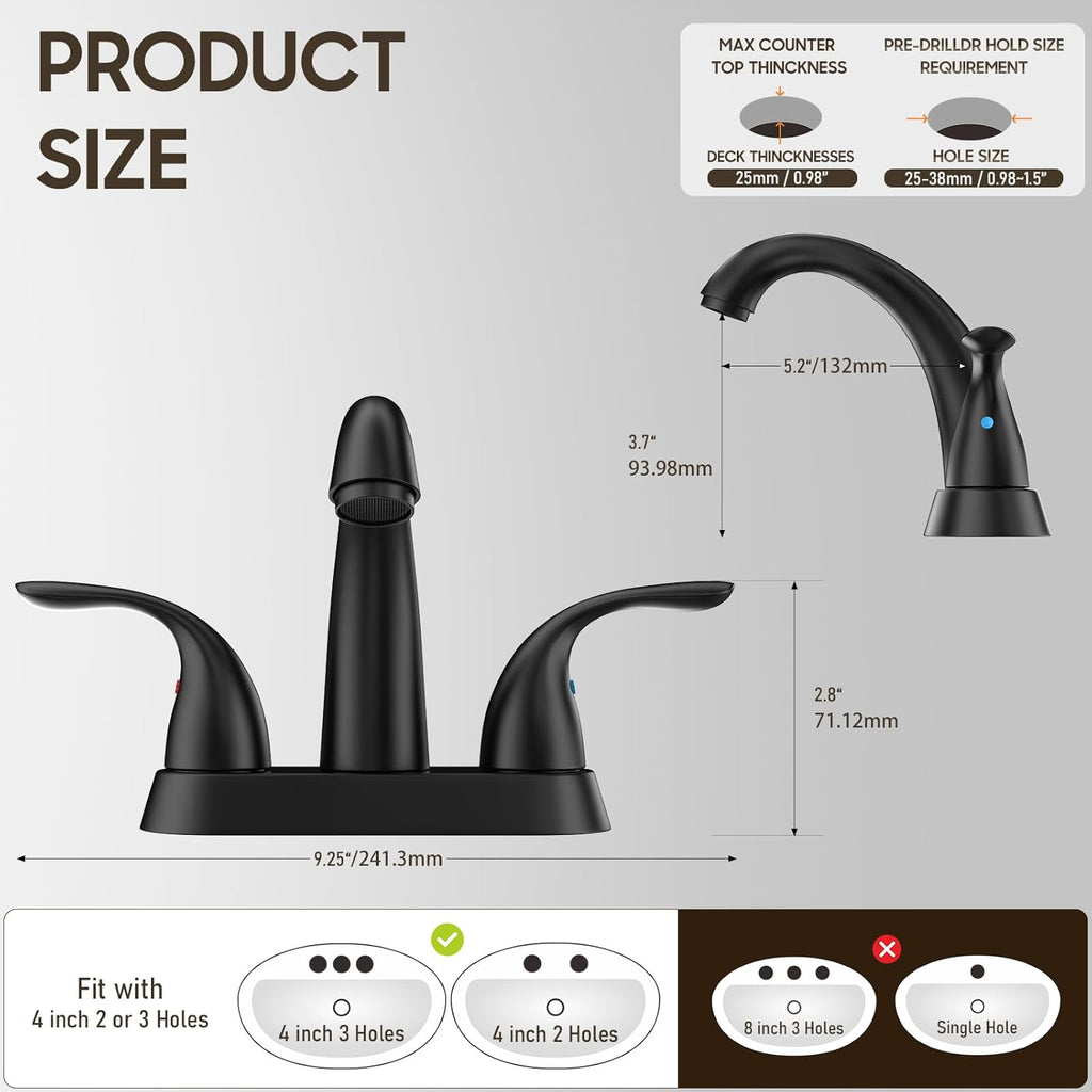 4 Inch 2 or 3 Holes 2 Handles Centerset Matte Black Lead-Free Bathroom Sink Faucet, Bathroom Faucet with Copper Pop up Drain and Water Supply Lines, BF008-5-MB
