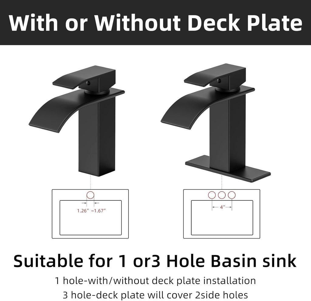 Bathroom Faucet Matte Black Modern Waterfall Bathroom Sink Faucet with Single Handle Suitable for 1 or 3 Holes,Supply Deck Plate and Hose