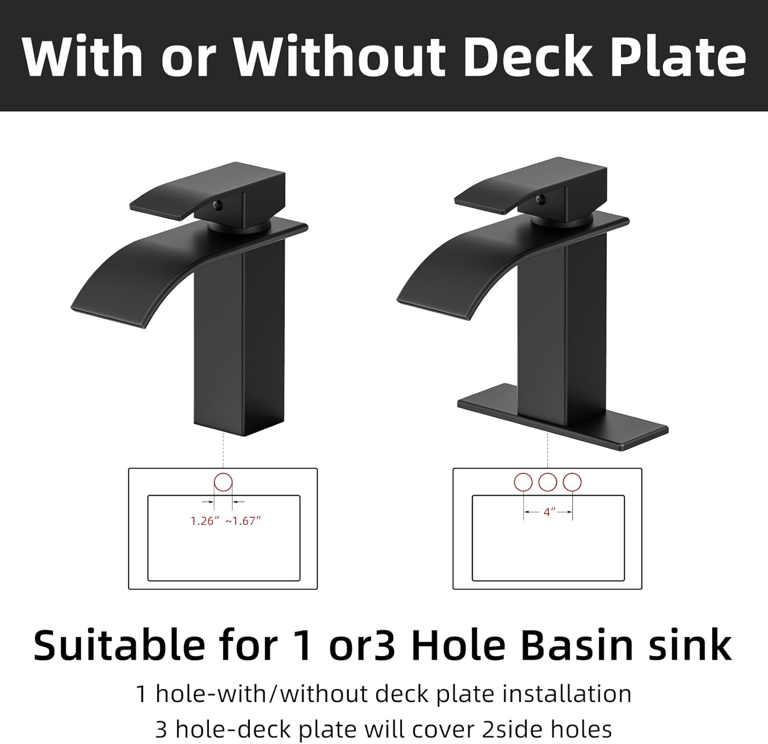 Bathroom Faucet Matte Black Modern Waterfall Bathroom Sink Faucet with Single Handle Suitable for 1 or 3 Holes,Supply Deck Plate and Hose