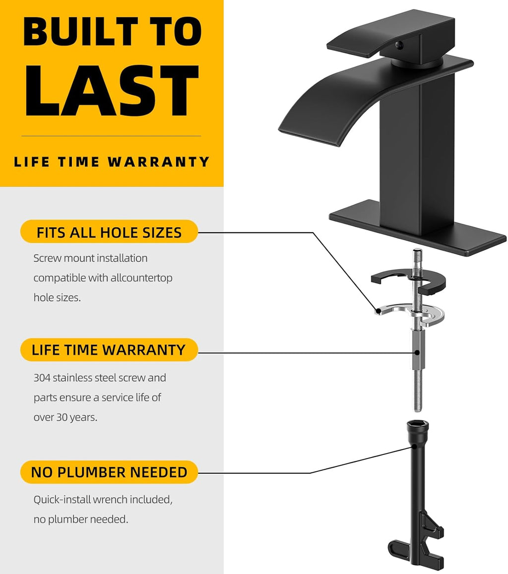 Bathroom Faucet Matte Black Modern Waterfall Bathroom Sink Faucet with Single Handle Suitable for 1 or 3 Holes,Supply Deck Plate and Hose