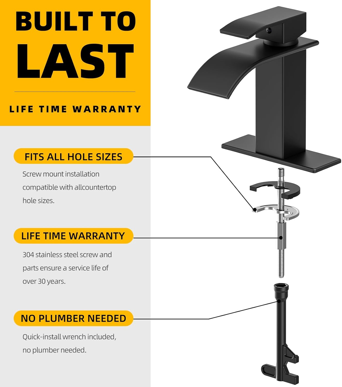 Bathroom Faucet Matte Black Modern Waterfall Bathroom Sink Faucet with Single Handle Suitable for 1 or 3 Holes,Supply Deck Plate and Hose