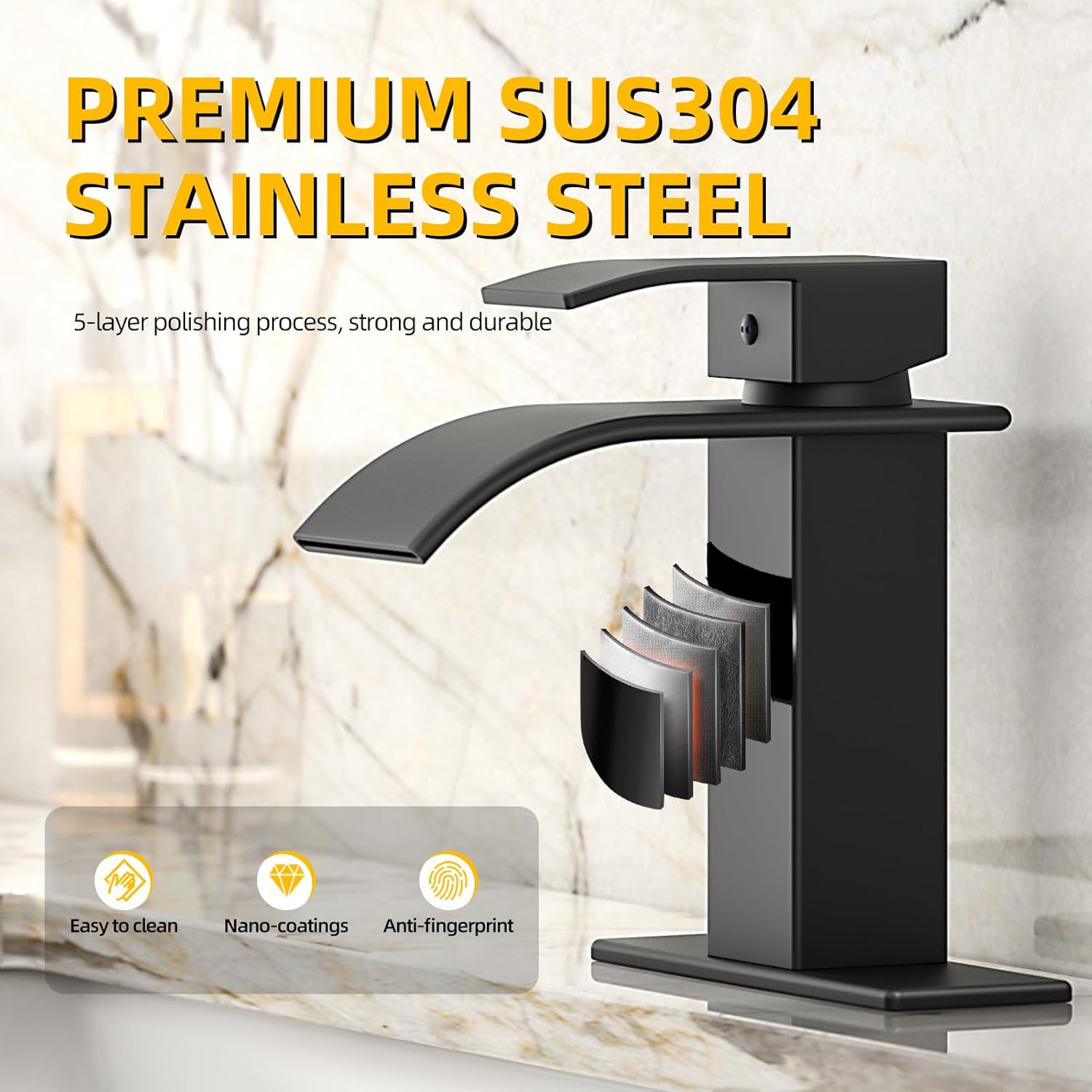 Bathroom Faucet Matte Black Modern Waterfall Bathroom Sink Faucet with Single Handle Suitable for 1 or 3 Holes,Supply Deck Plate and Hose