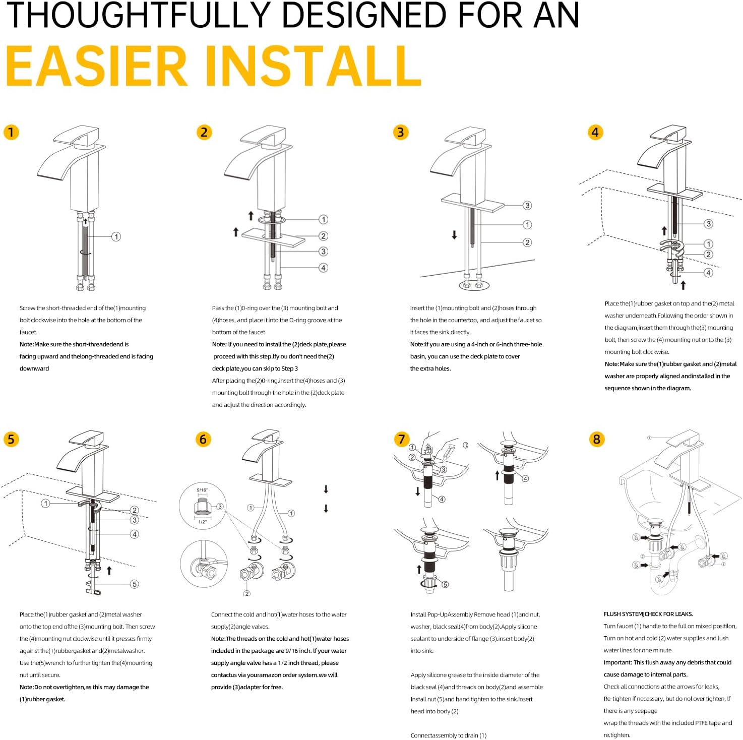 Bathroom Faucet Matte Black Modern Waterfall Bathroom Sink Faucet with Single Handle Suitable for 1 or 3 Holes,Supply Deck Plate and Hose