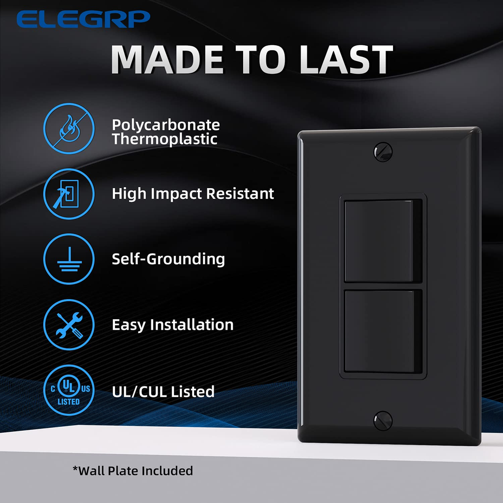 Sleek Glossy Black Decorator Double Rocker Light Switch - 15A 120V with Wall Plate Included - Perfect for Modern Homes