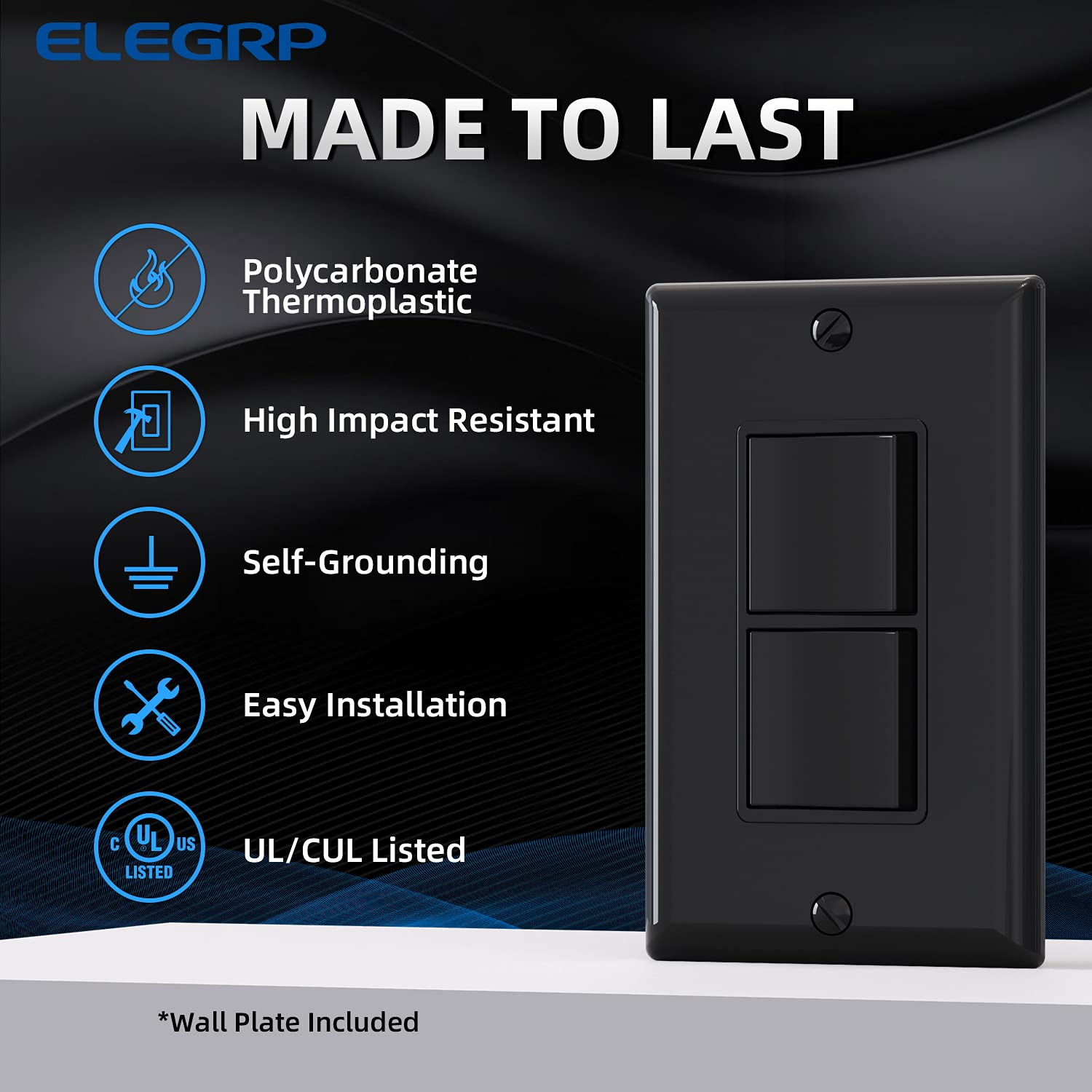 Sleek Glossy Black Decorator Double Rocker Light Switch - 15A 120V with Wall Plate Included - Perfect for Modern Homes