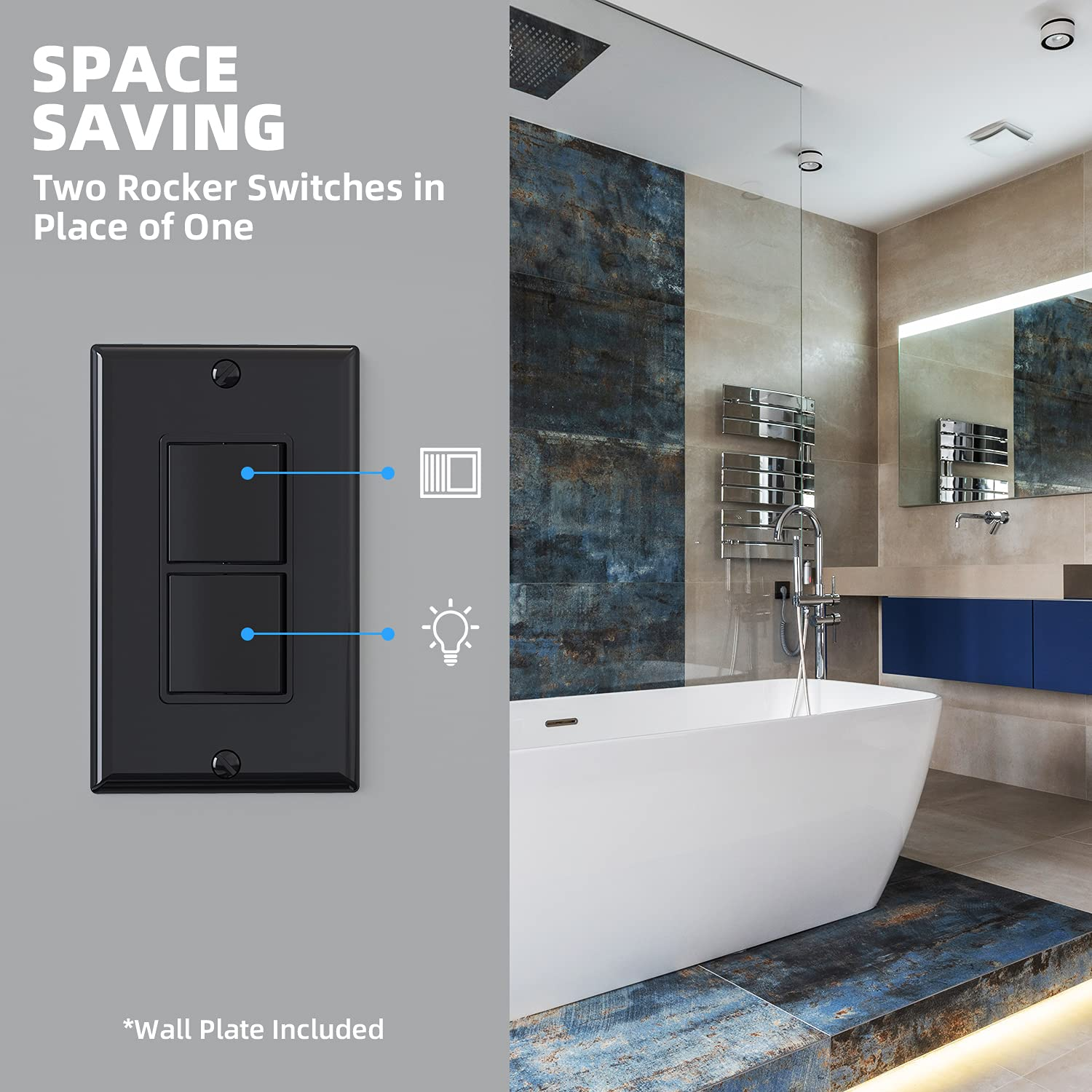 Sleek Glossy Black Decorator Double Rocker Light Switch - 15A 120V with Wall Plate Included - Perfect for Modern Homes