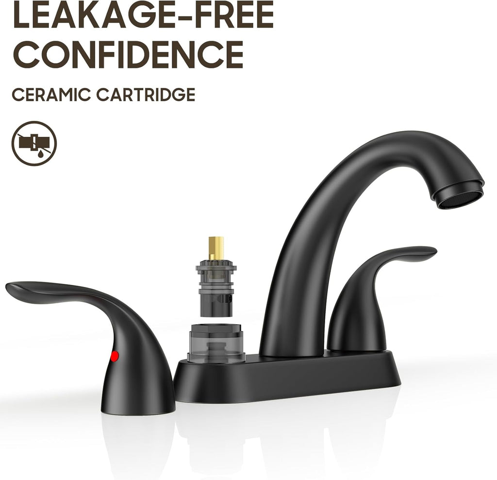 4 Inch 2 or 3 Holes 2 Handles Centerset Matte Black Lead-Free Bathroom Sink Faucet, Bathroom Faucet with Copper Pop up Drain and Water Supply Lines, BF008-5-MB